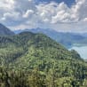 A forest with a lake in the background and a mountain range in the distance.