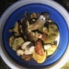 mushrooms in a blue bowl on a plate.