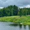 A house is on the shore of a lake surrounded by trees.