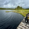 A docked boat is in front of a forest and next to a lake.