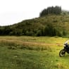 A black motorcycle is parked on a grassy field with trees in the background.