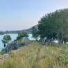 People are camping on a grassy bank overlooking a lake.