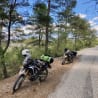 Two motorcycles are parked on a dirt road next to some trees.