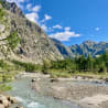 a stream of water flowing down a mountainside with trees in the background.
