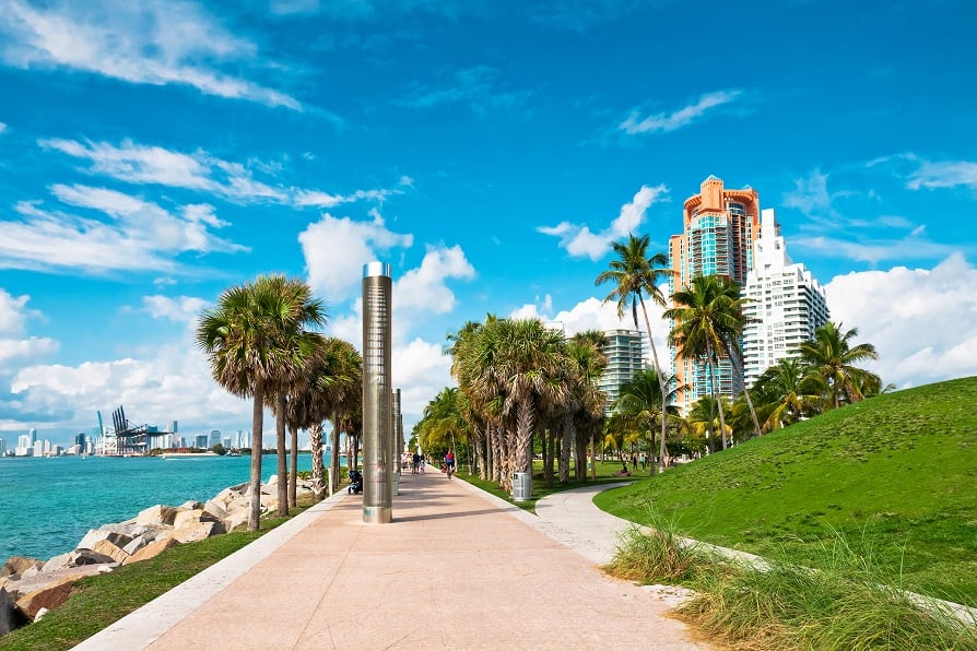 Walkway in a beautiful park South Pointe in Miami Beach, Flo