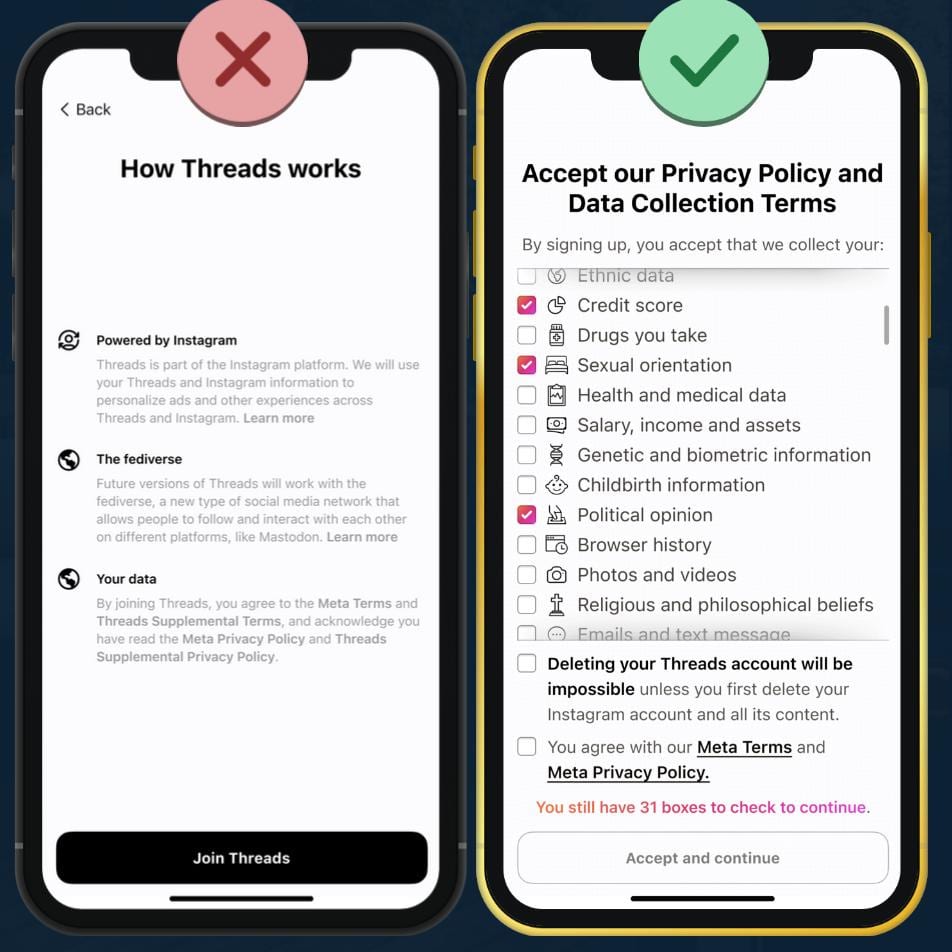 Пример интерфейса Threads до и после удаления темных паттернов Скриншот интерфейса Threads и его альтернативная версия без темных паттернов