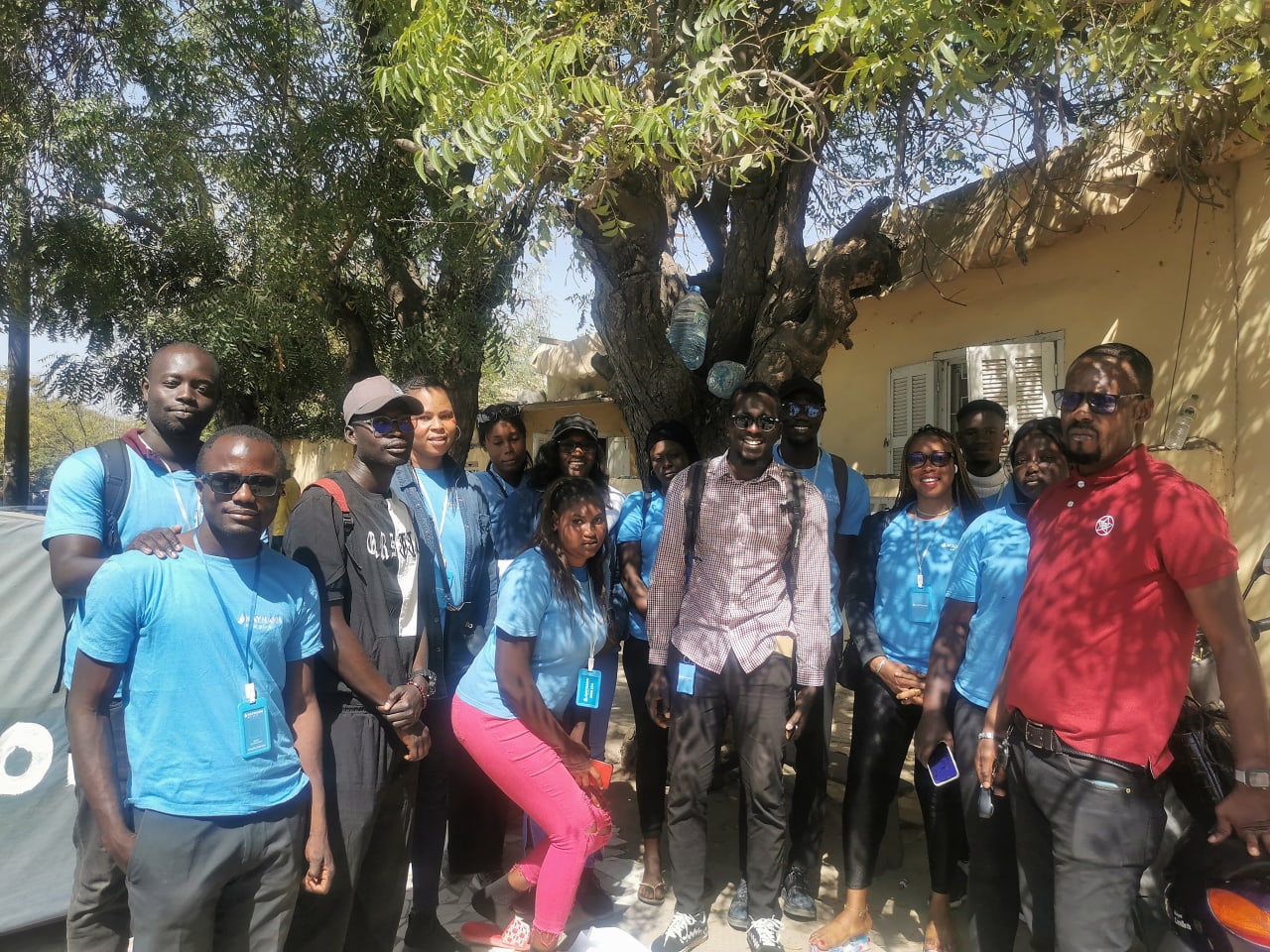 Группа полевых работников в Сенегале позирует на улице в тени дерева, демонстрируя роль коллективной работы в реализации маркетинговых проектов.