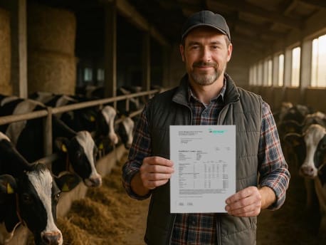 Landwirt mit Ergebnis der Futtermittelanalyse