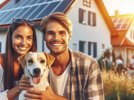 Erstelle ein Bild einer glücklichen weißen jungen Familie mit Hund vor einem PV-Modul. Das Kind ist zwischen den jungen Eltern und hält sich am PV-Modul fest. Im verschwommene Hintergrund sind andere europäische Einfamilienhäuser mit PV-Modulen in der untergehenden Sonne zu sehen.