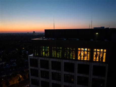 Aerial view of the BayWa headquarters at dusk