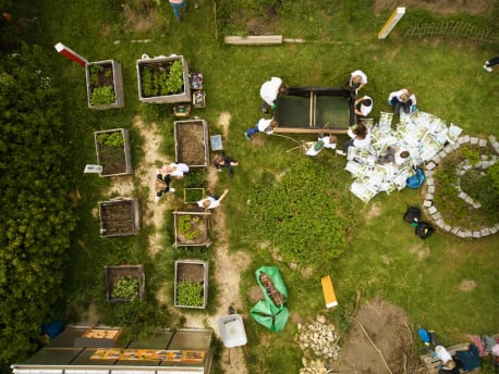 Children planting raised beds, picture from above.