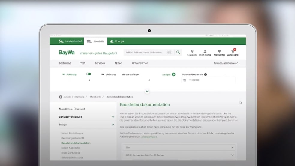 Baustellendokumentation im BayWa Baustoffe Online-Portal