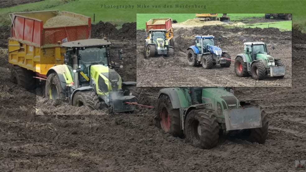 zwei schwere Traktoren stecken im Schlamm fest und müssen von einem Fendt herausgezogen werden