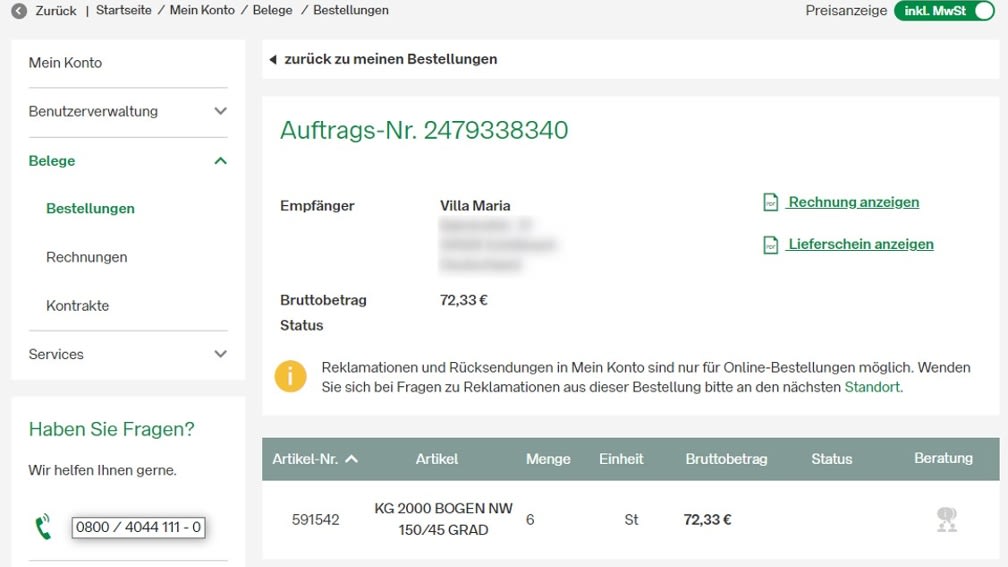 Detailseite Auftragsstatus