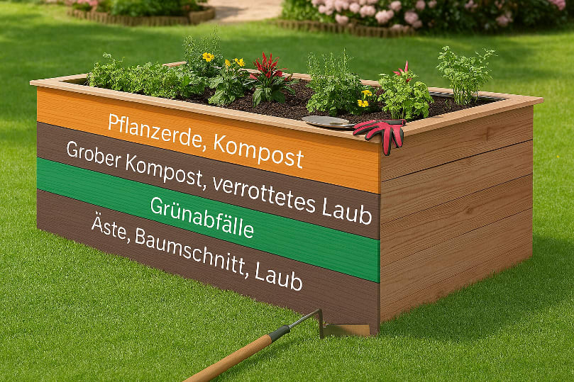Hochbeet: Aufbau in mehreren Schichten von unten nach oben