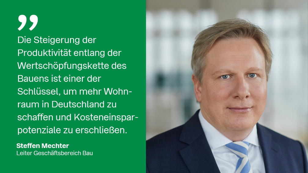 Zitat von Stefan Mechter, Leiter Geschäftsbereich BayWa Bau: Die Steigerung der Produktivität entlang der Wertschöpfungskette des Bauens ist einer der Schlüssel, um mehr Wohnraum in Deutschland zu schaffen und Kosteneinsprpotenziale zu erschließen.