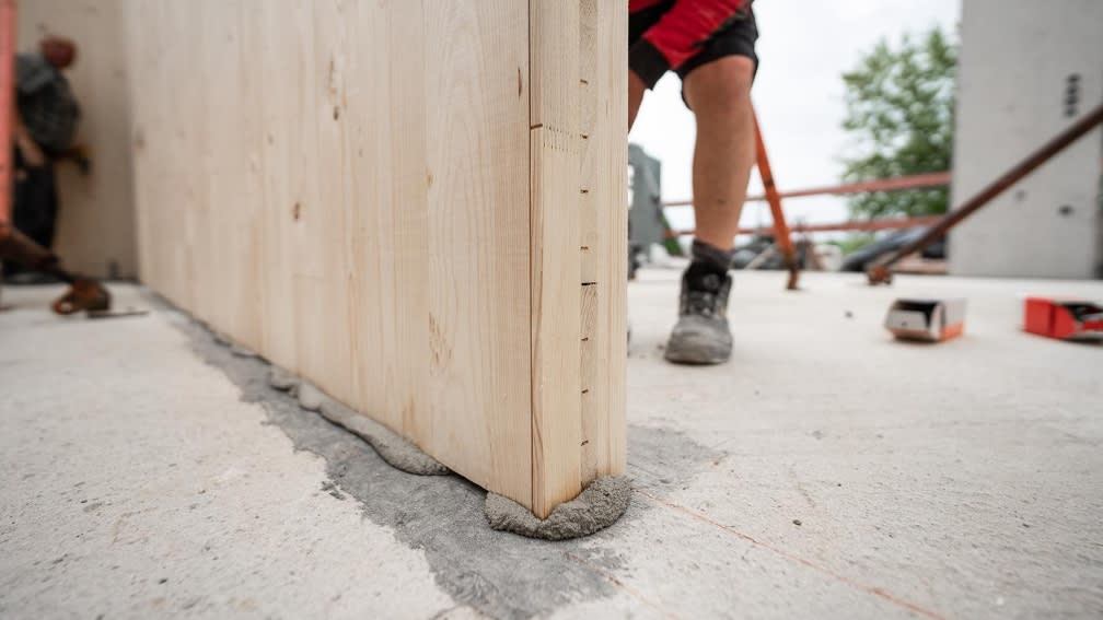 Vorgefertigte Holzwand wird in Rohbau installiert