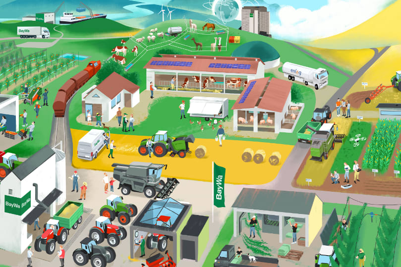 Wimmelbild über alle Aufgabenbereiche der BayWa