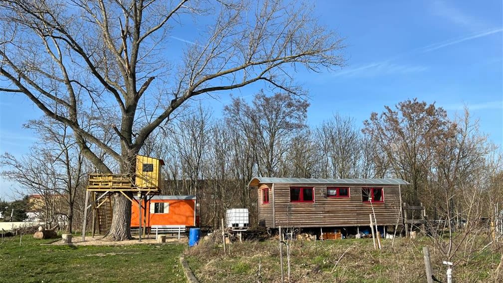 Garten mit Baumhaus und Bauwagen