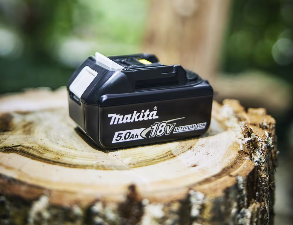 Makita Akku liegend auf einem Baumstumpf