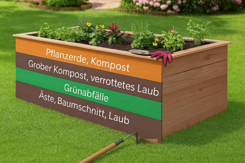 Hochbeet: Aufbau in mehreren Schichten von unten nach oben