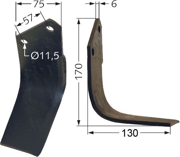 Fräsmesser 170 x 75 x 6 mm Bohrung 11,5 mm rechts für Howard Bodenfräsen, Motorhacken, Gartenfräsen