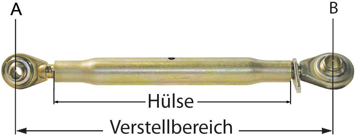 Oberlenker Kat. 2/20,25 mm 640 – 890 mm, mit beidseitigem Kugelgelenk, M 30 x 3,5, verzinkt (Hülse), für John Deere