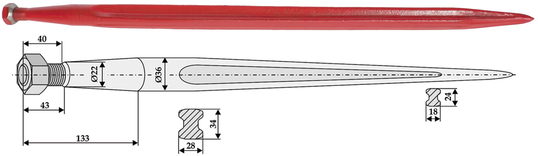 Industriehof Frontladerzinken 1.100 mm, M 22 x 1,5 AG, spitz, gerade, für Baas, Trima, 181100