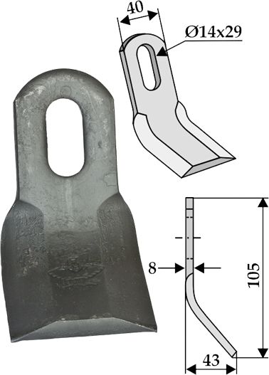 Industriehof Y-Messer 105 x 40 x 8 mm, Bohrung 29 x 14 mm, für Mulcher Ferri, Howard, Orsi, 63-FEI-15