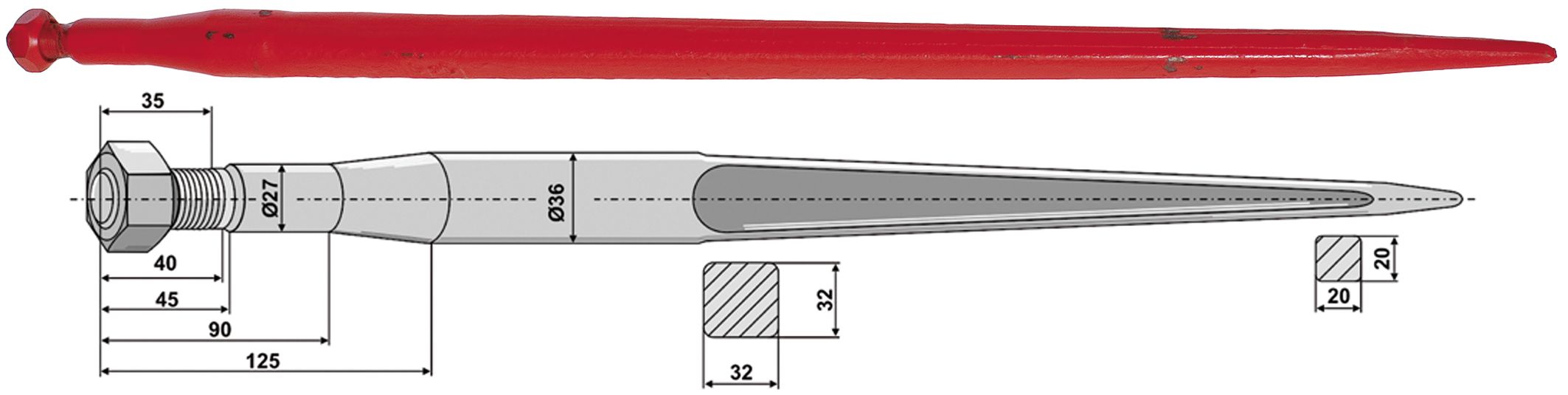 Industriehof Frontladerzinken 1.100 mm, M 20 x 1,5 AG, spitz, gerade, für Stoll, 181123