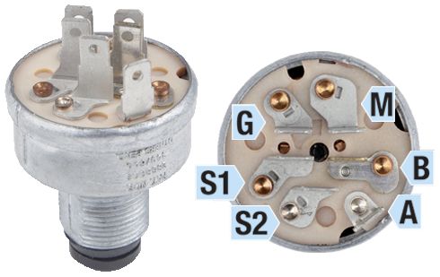 Zündschloss "Indak" Einbaumaß Ø 21 mm, 6 x Steckanschluss, 3 Positionen, für John Deere Aufsitzmäher, Minitransporter