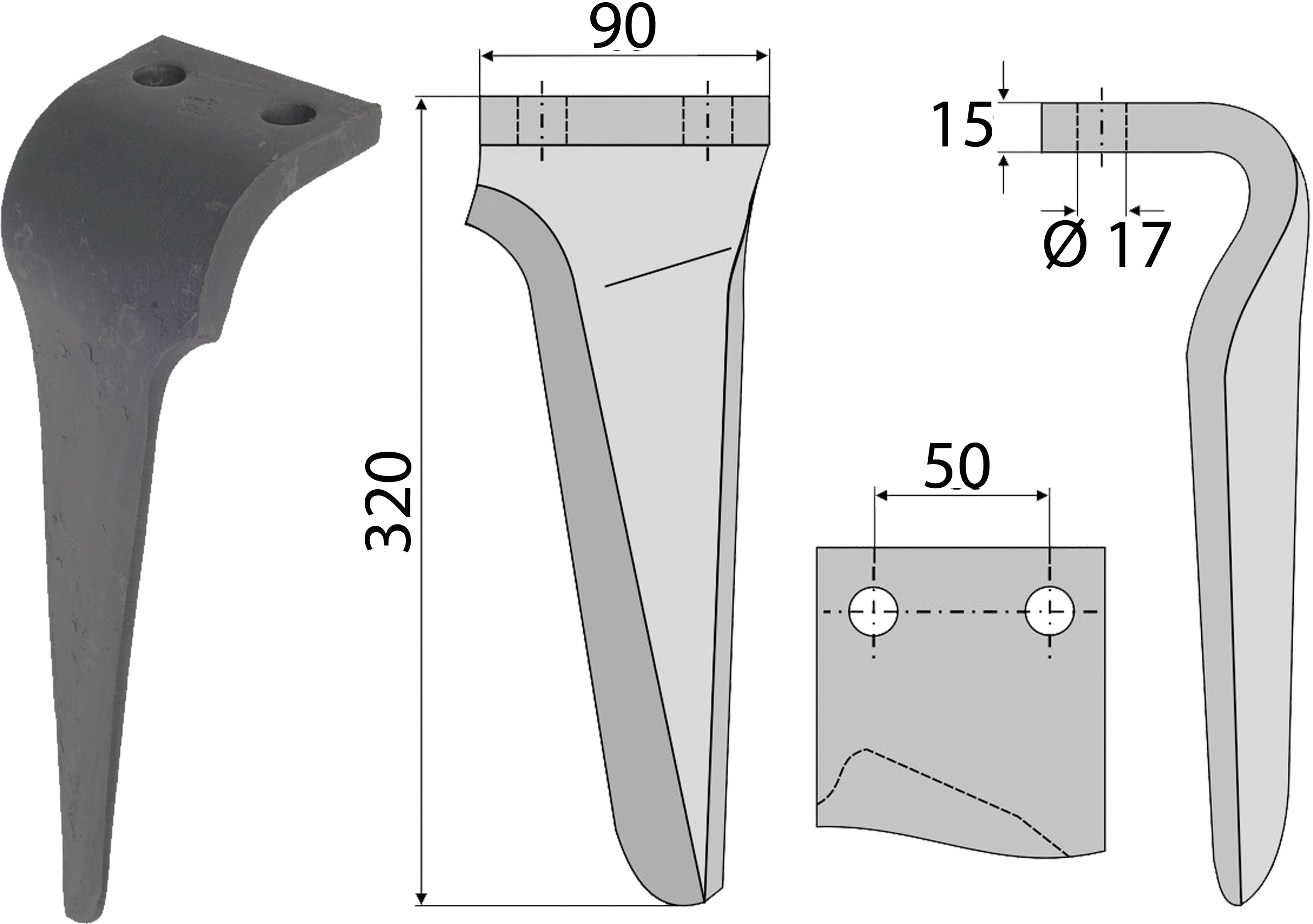 Industriehof Kreiseleggenzinken links 90 x 320 x 15 mm für Kreiselegge Muratori, RH-FRB 03L