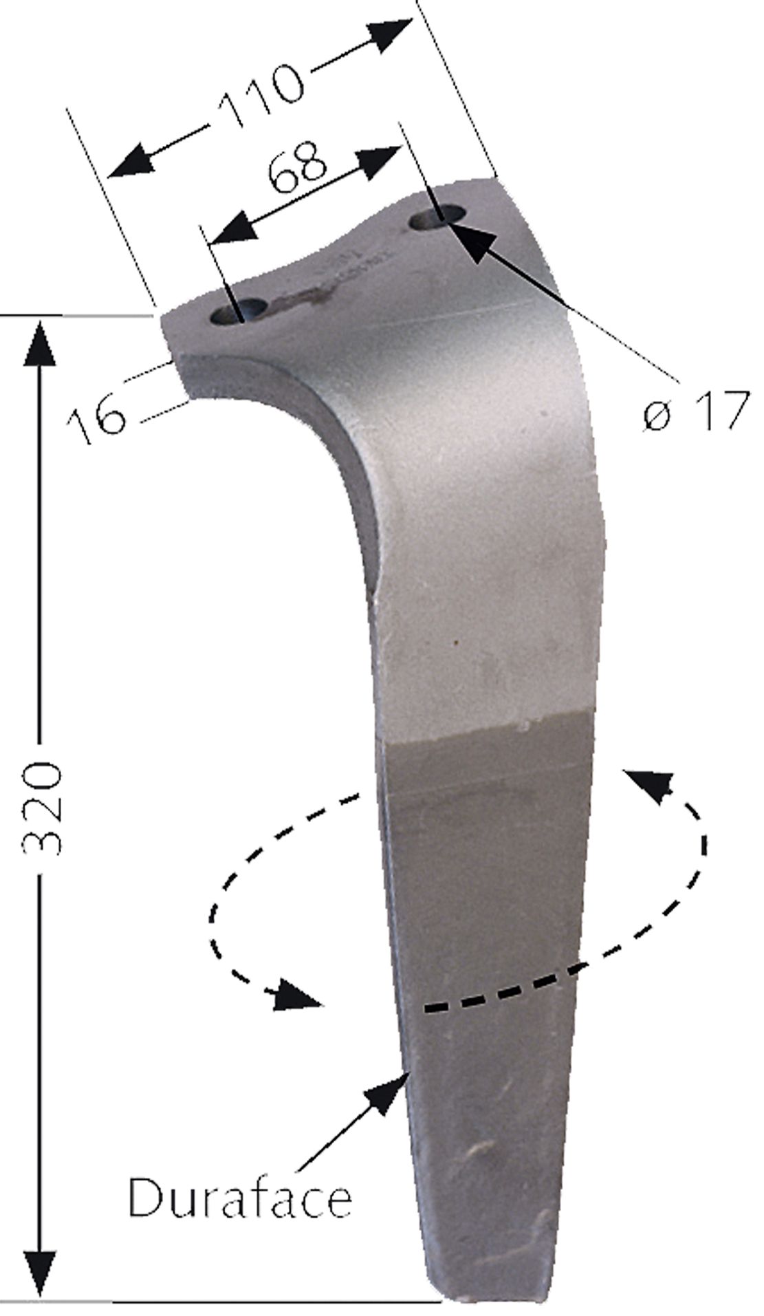 Industriehof Kreiseleggenzinken links 110 x 320 x 16 mm Duraface-Beschichtung, für Kreiselegge Kuhn, RH-68-LDURA