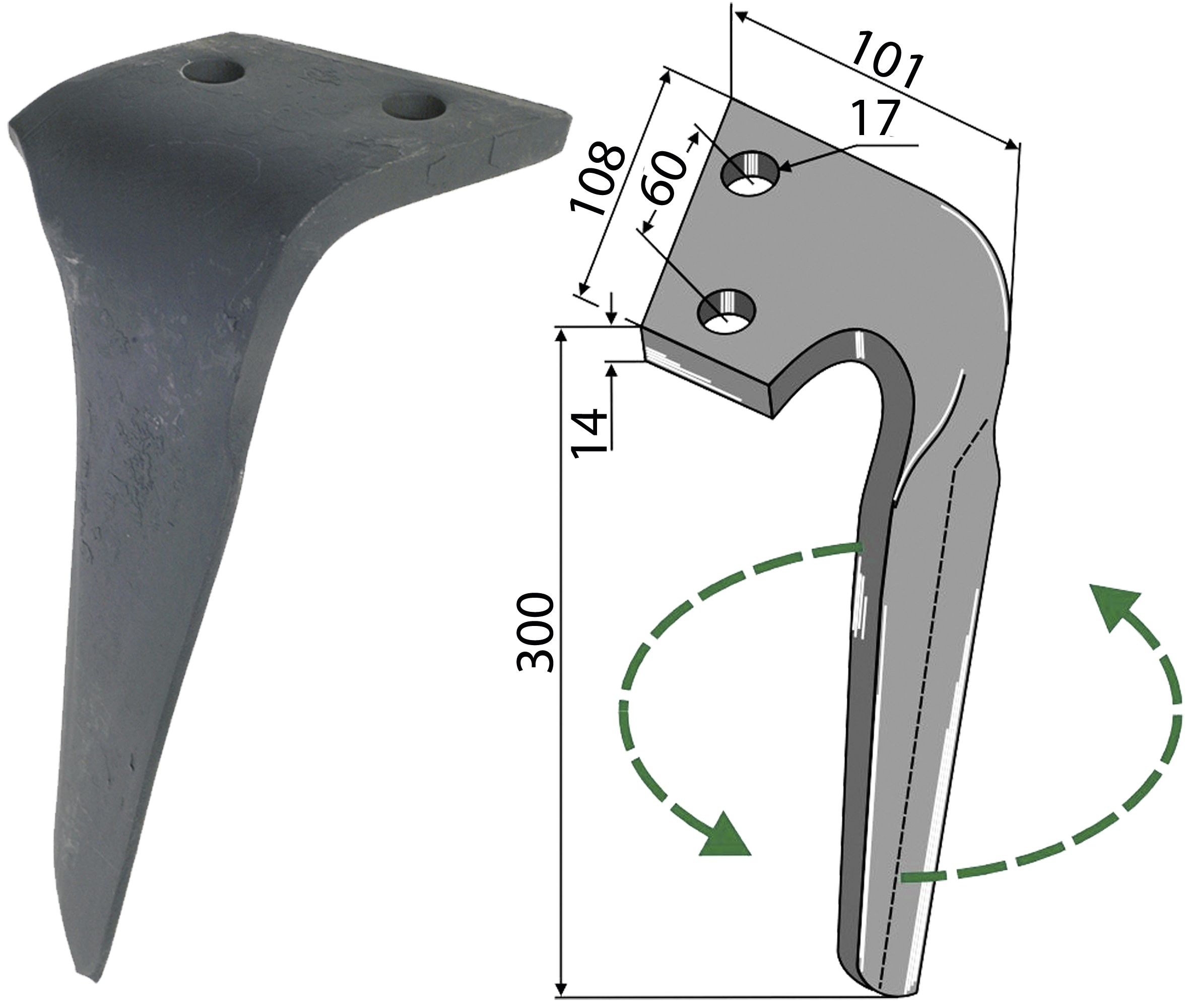 Industriehof Kreiseleggenzinken rechts 108 x 300 x 14 mm für Kreiselegge Alpego, RH-ALP-06R