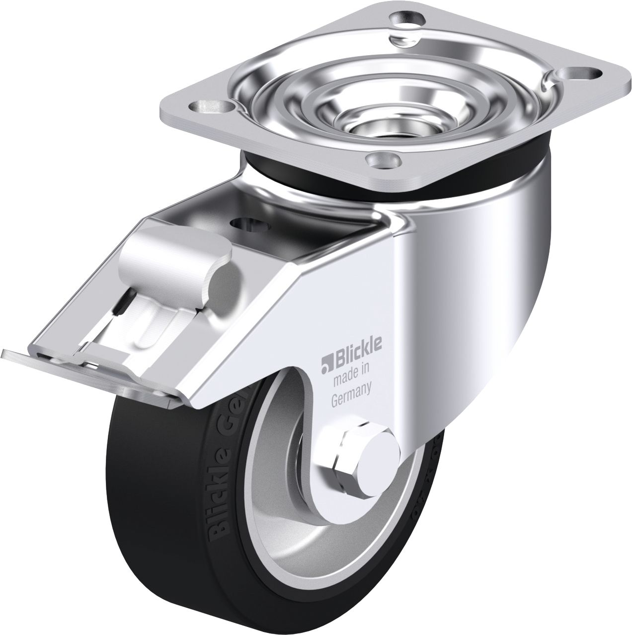 Blickle Lenkrolle "LK-ALEV 100K-1-FI" Rad 100 x 40 mm, Höhe 130 mm, Tragkraft 200 kg, Elastik-Vollgummi, Druckgussfelge mit 2 Kugellagern,