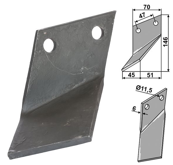 Industriehof Rotorzinken rechts 146 x 70 x 6 mm, Bohrung 11,5 mm für Rota Dairon, ROT-27R