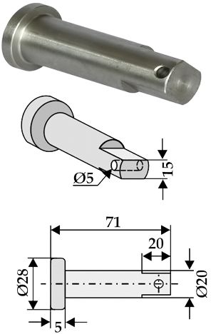 Industriehof Bolzen Ø 20 x 71 mm, Bohrung 5 mm für Gyro, 63-NIC-81