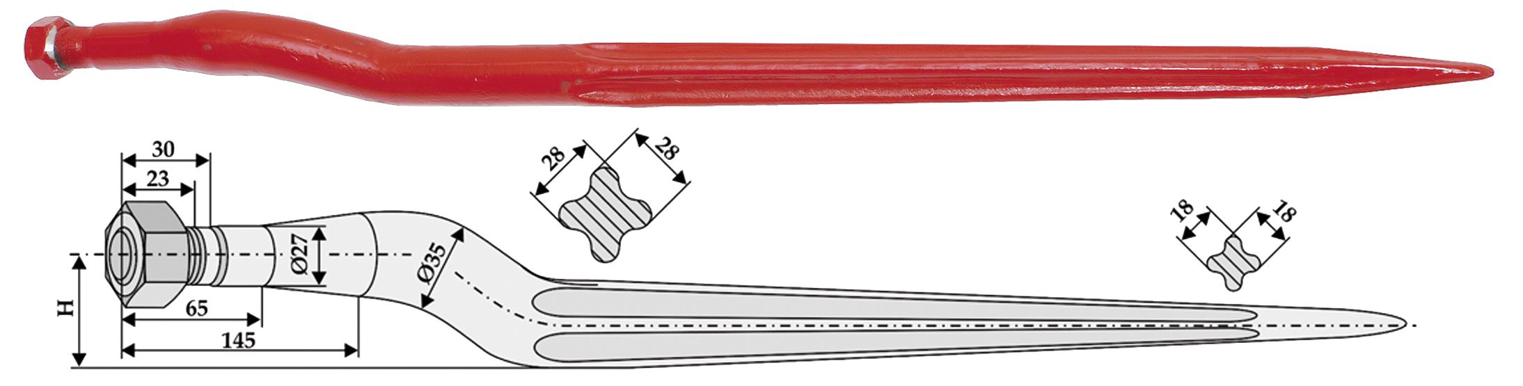 Industriehof Frontladerzinken 930 mm, M 20 x 1,5 AG, H 35 mm, spitz, gekröpft, für Strautmann, 18951