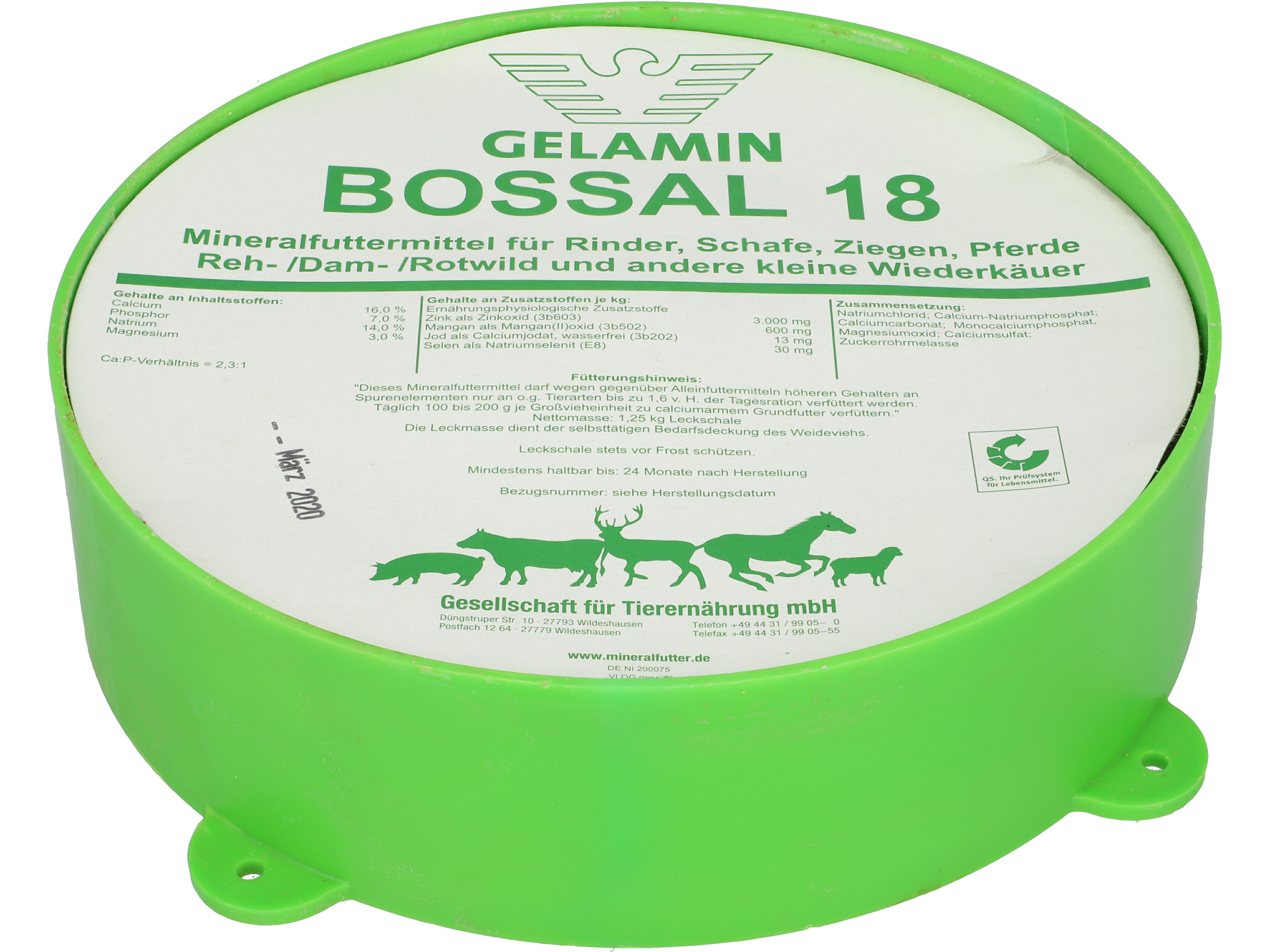 GELAMIN NG Bossal 18 Mineralfutter für Pferde, Rinder, Schafe, Ziegen, Rehwild, Damwild und Rotwild Leckmasse 1,75 kg Leckschale