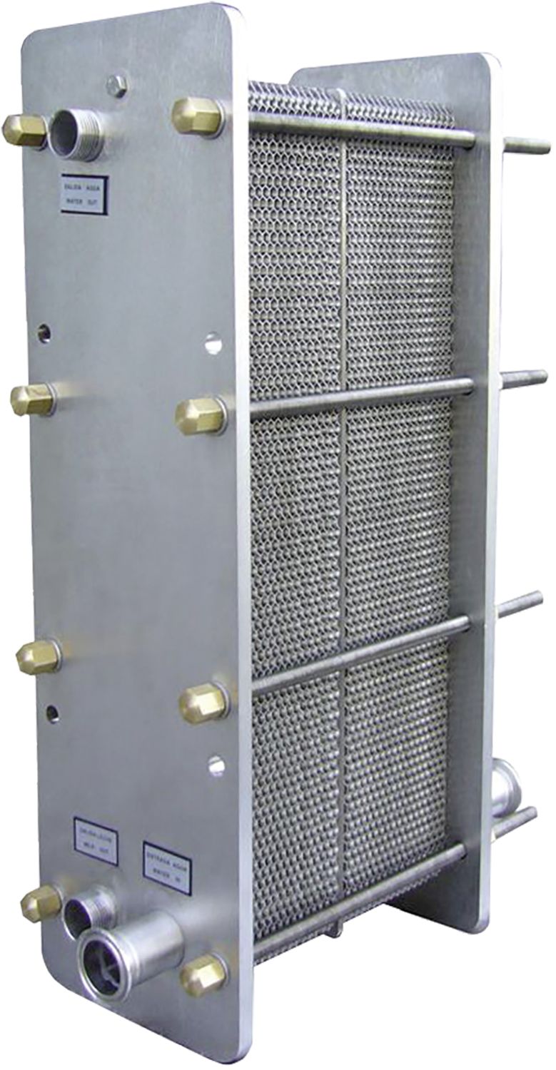 Plattenwärmetauscher "Modell F Medium" Milch-/Wasserdurchsatz 7.480/21.780 l/h, Edelstahl, Bodenmontage, für Milchvorkühlung