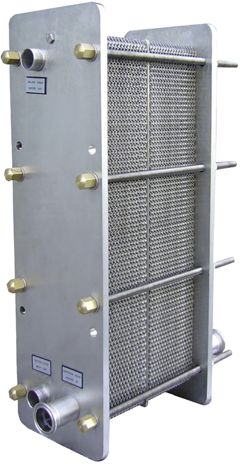 Plattenwärmetauscher "Modell F" Milch-/Wasserdurchsatz 3.650/7.250 l/h, Edelstahl, Wandmontage, für Milchvorkühlung