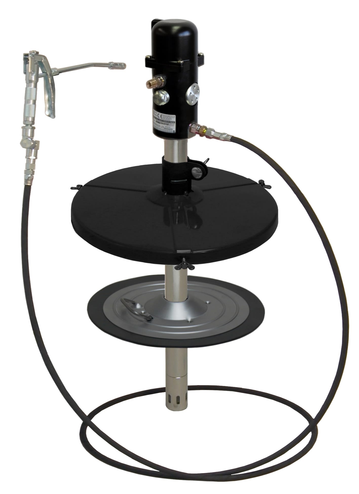 mato Druckluftschmiergerät pneuMATO 55 stationär mit 3,5 m Hochdruckschlauch DN6 für 18/20 kg Fetteimer, stationäres pneumatisches Fettfüllgerät