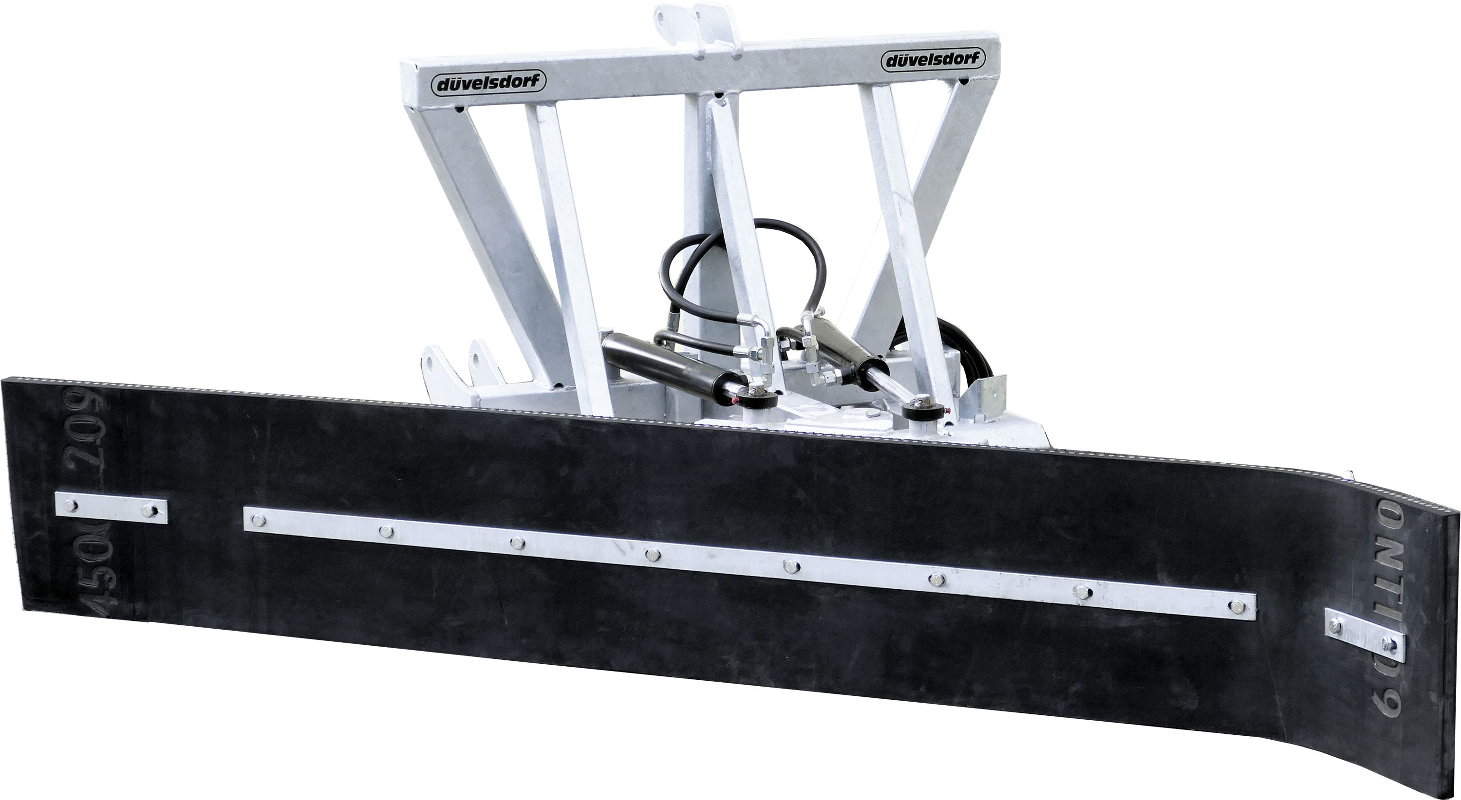 Düvelsdorf Gummischieber 2,60 m, mit Dreipunktanbau Kat. 2; Euro-Aufnahme; Gabelzinkenanbau, hydraulisch bis 70° verstellbar, Gummileiste mit