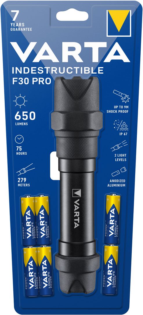 VARTA LED Indestructible F30 Pro 6xAA Taschenlampe mit Batterien