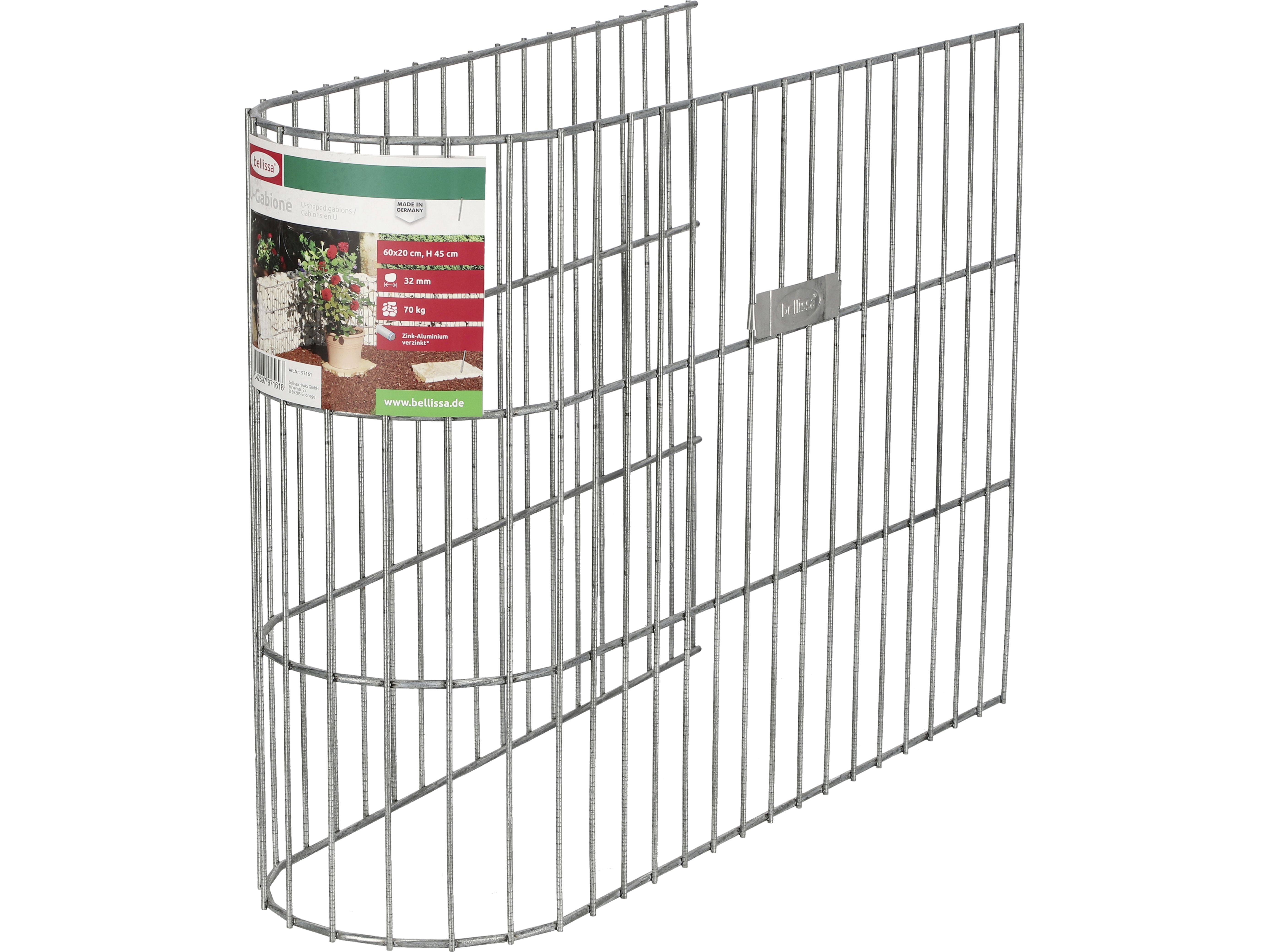 bellissa U-Gabione 60 x 20 x 45 cm silber Füllmenge 70 kg