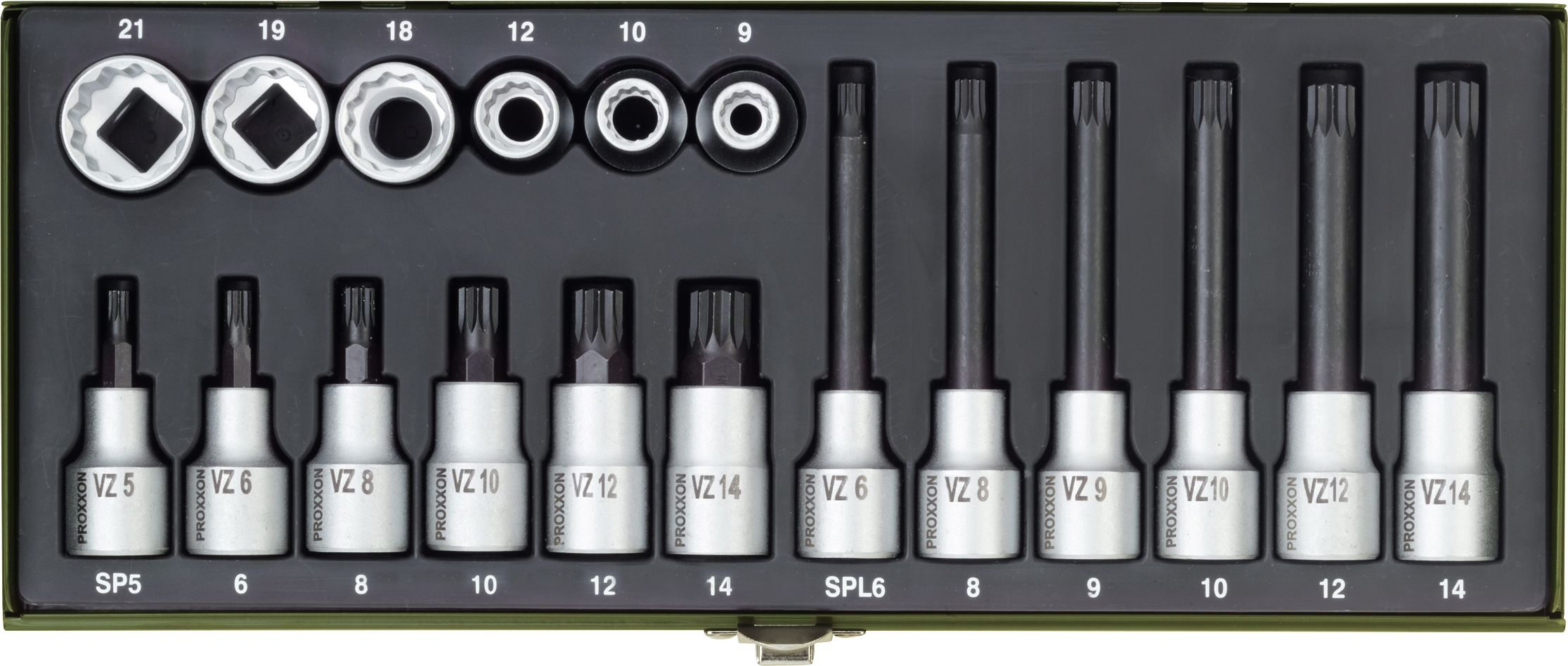 Proxxon Steckschlüsselsatz 1/2 " 18-teilig, im Stahlkasten, für Vielzahnschrauben, 23296