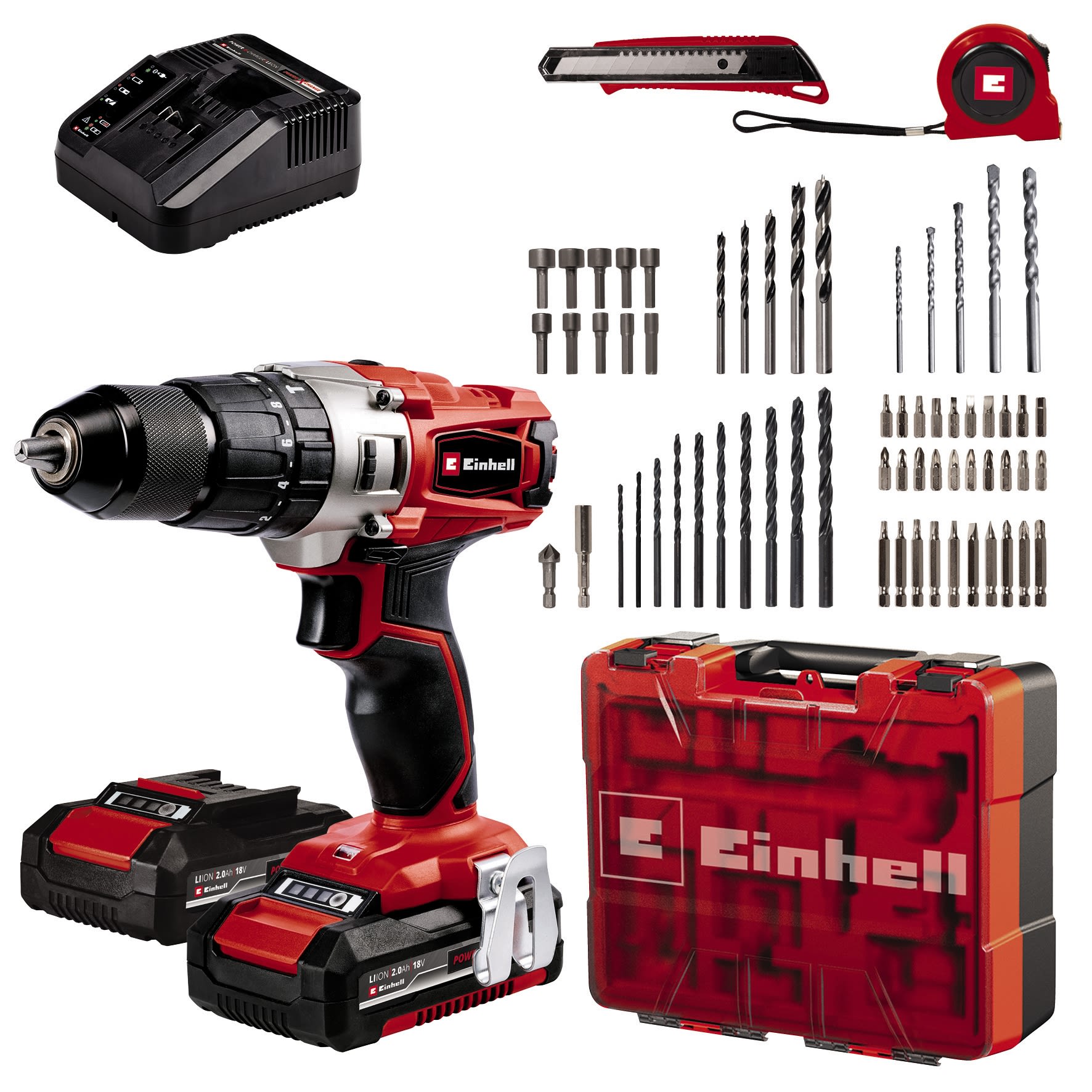 EINHELL Power X-Change 2-Gang-Akku-Schlagbohrschrauber TE-CD 18/2 Li-i +64 inkl. 2 Akkus (2x2,0Ah)+64-teiliges Zubehör-Set