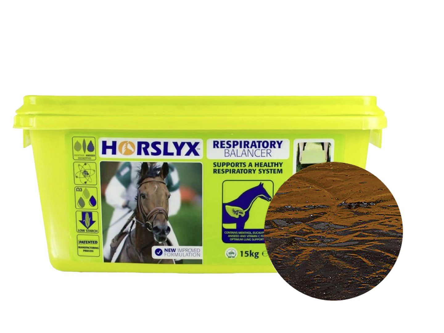 DERBY Horslyx Respiratory schmackhafte Leckmasse mit Menthol, Eukalyptusöl und Pfefferminzöl für Pferde 15 kg Eimer