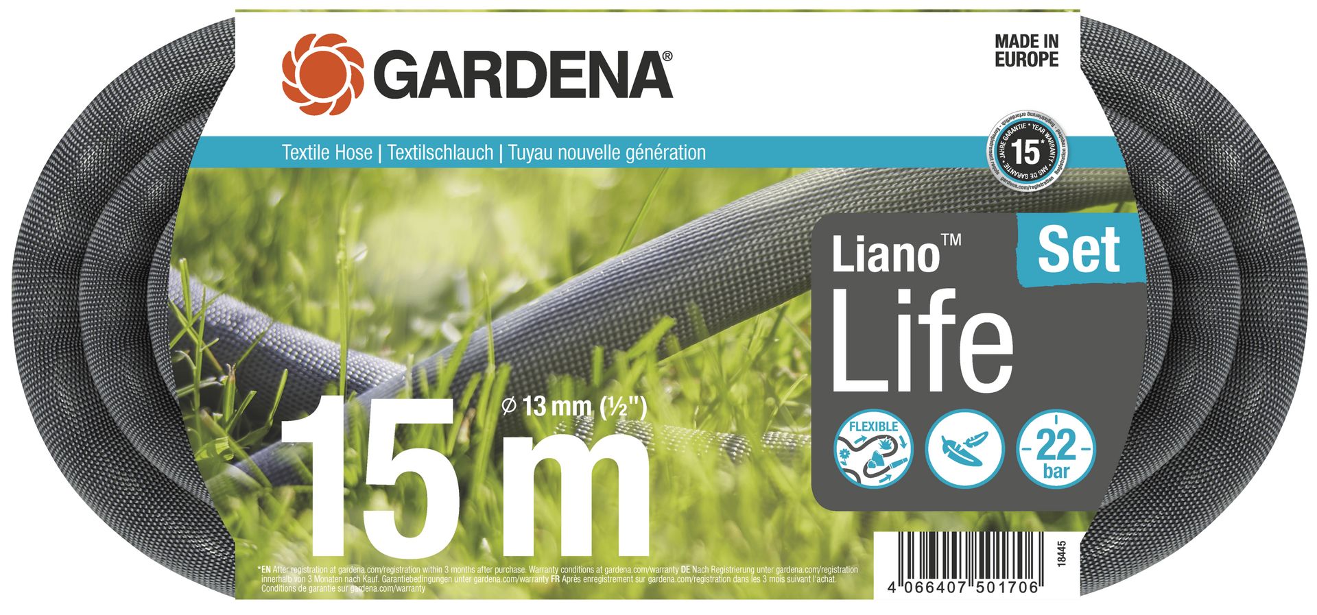 GARDENA Textilschlauch Liano Life, Set 15 m 1/2" schwarz 18445-20
