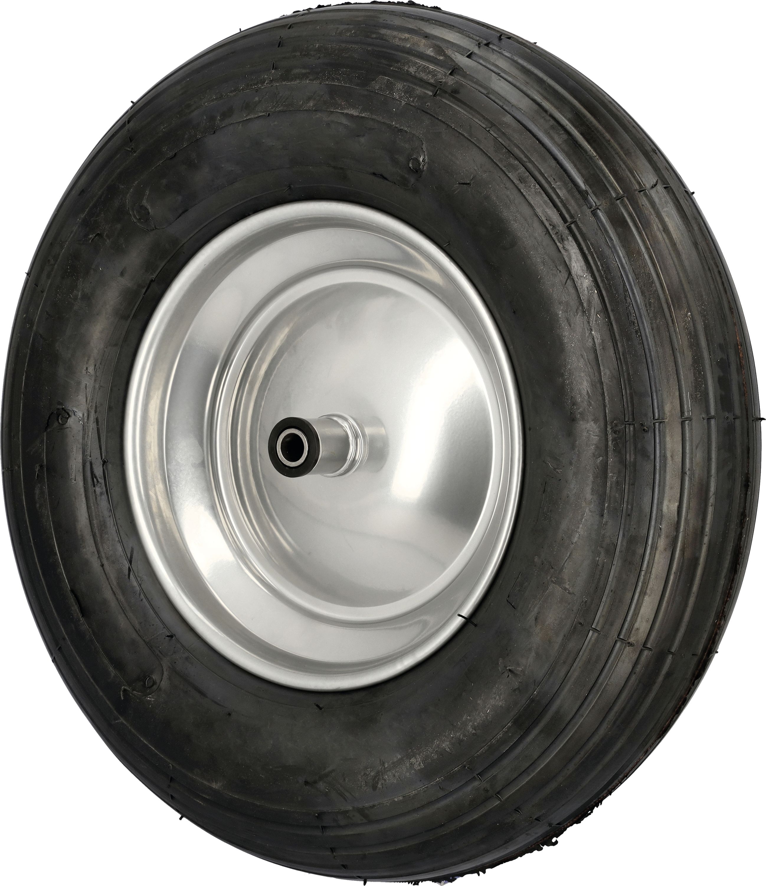 Knochenmuß Komplettrad 400x100, 4.80/4.00 - 8 4 PR Rille, Felge Stahlblech, silber lackiert, Nylon-Gleitlager, Nabe 100 x 17 mm